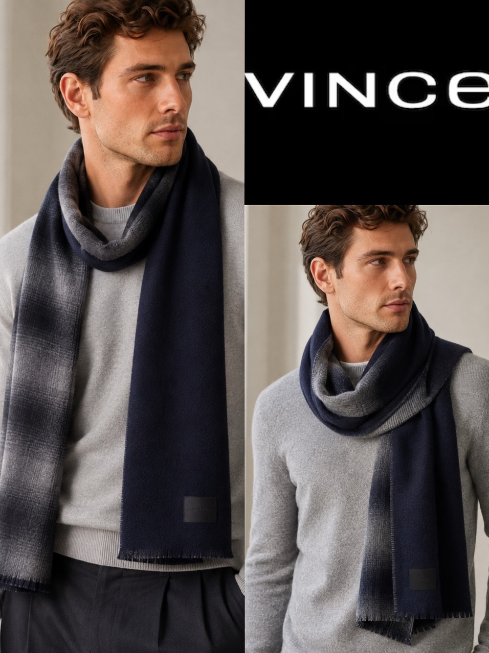 Vince Men’s Double-Face Merino Wool Cashmere Scarf – Navy Plaid